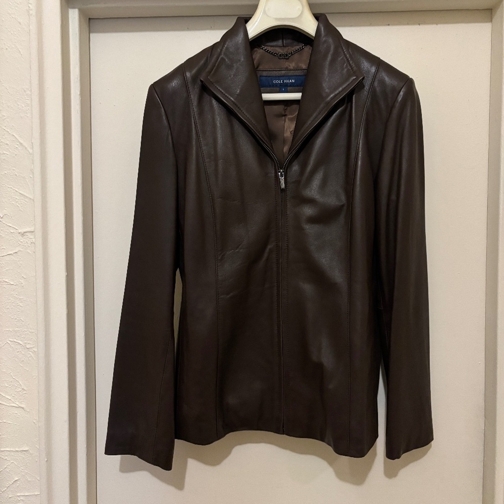 Cole Haan Women's Leather Jacket, Chestnut Brown, size Large